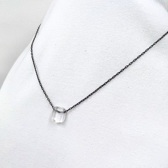 Nine West Jewelry - NWT - Nine West - Clear Glass Square Pendant 16” Black 925 Chain w/ Hook Closure